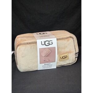 UGG‎ Raegen 3 Piece Travel Set Throw Eye Mask Storage Pouch Tan Fleece NWT